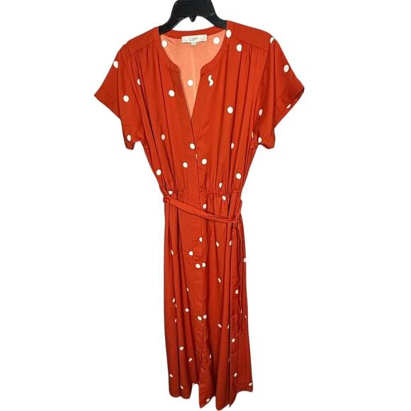 LOFT Dresses & Skirts - Loft Button Up Orange Polka Dot Dolman Belted Summer Midi Shirt Dress Size 12